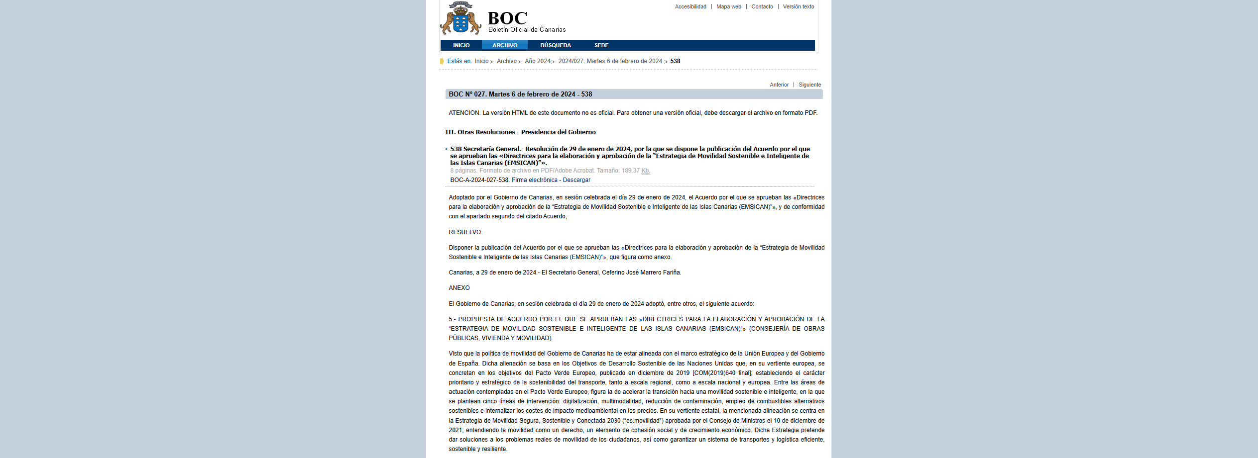Directrices para la elaboración y aprobación de la “Estrategia de Movilidad Sostenible e Inteligente de las Islas Canarias (EMSICAN)"